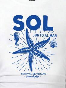 SHEIN 少女休闲时尚创意海星、海马、海洋生物、贝壳主题趣味印花修身短袖白色T恤 女式夏季T恤 女式沙滩T恤 婴儿T恤 白色短款T恤 海星图案T恤 - 白色 - 查看 4