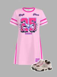 SHEIN Leap Crew 青少年女孩休闲简约图案 25 款图案，运动时尚风格，粉色短袖中长连衣裙，适合夏季凉爽穿着系列 - 彩色 - 查看 2