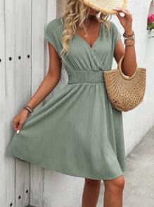 EMERY ROSE Women Summer V-Neck Overlap Shirred Waist Loose Dress