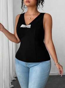 Elenzga Elegancki czarny top z dekoltem w serek i kokardą z kryształkami, bezrękawnik z dzianiny, elastyczny, codzienny strój i element warstwowy, duży rozmiar - Czarne - Zobacz 6