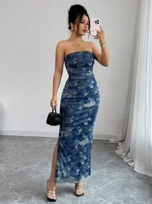 Rafferiza 女式复古印花褶饰紧身网眼连衣裙