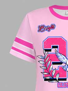 SHEIN Leap Crew 青少年女孩休闲简约图案 25 款图案，运动时尚风格，粉色短袖中长连衣裙，适合夏季凉爽穿着系列 - 彩色 - 查看 5