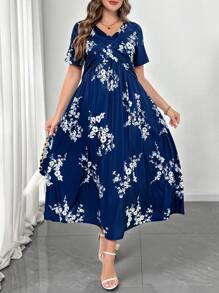 SHEIN Clasi Plus Size Women Navy Floral Print Layered Dress With Pockets, Summer Summer Outfits - Blue and White - View 1