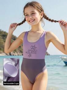 JNSQ Back To School Clothes, Tween Girl Clothes Outdoor Professional Sports Patchwork Contrast Color Swimsuit, Tween Girl One-Piece Patchwork Contrast Color Swimsuit