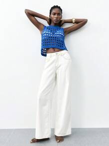 Maija 2026 Spring & Summer Outfits Solid Color Round Neck Side Slit Short Hollow See-Through Knitted Klein Blue Blouse, Vacation Style Women Clothes, For Outdoor Wear Sheer Top,Beach Outfit For Women,Vacation Outfits Women - Royal Blue - View 4