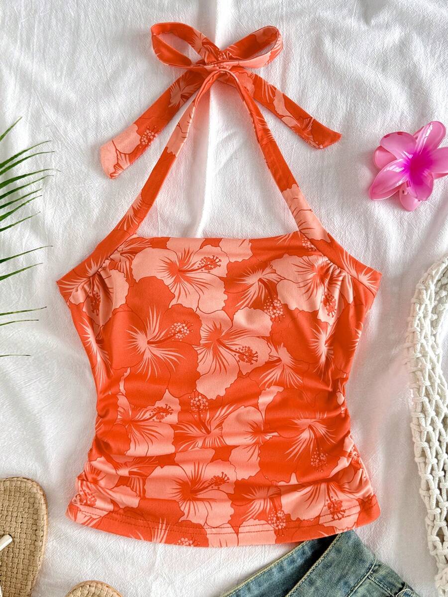 Camiseta sin mangas ajustada con cuello de halter, estampado de hibisco y cordón en la cintura para niña preadolescente, top de moda para primavera/verano, fiesta, té de la tarde, playa, crucero - Naranja Coral - Ver 1