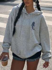 SHEIN EZwear Casual Minimalist Printed Hoodie Sweatshirt For Women, With Ocean Graphic, Shark Print, Coral Print, Or Slogan Print, Loose Fit Long Sleeve Back To School Fall And Winter Clothing Autumn And Winter Back To School