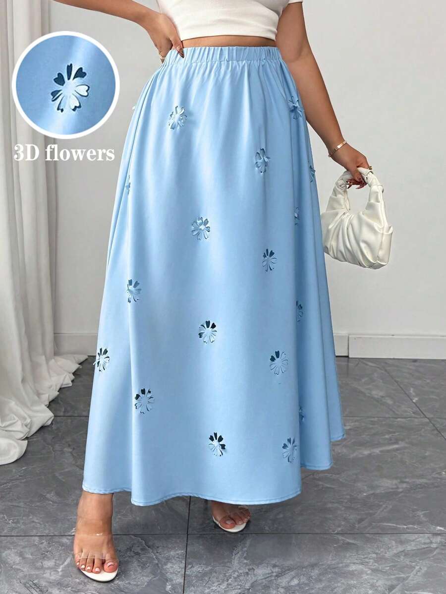 Elenzga Plus Size Hollow Flower Summer Casual Elegant Skirt Fall Cloth For Women - Blue - View 1