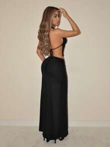 SHEIN ICON 2 件女士优雅复古性感露背深 V 金属扣装饰短款上衣和超长扭腰裙套装，适合约会和度假 - 黑色 - 查看 4