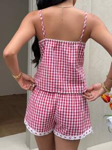 SHEIN EZwear 女士红色格子纽扣吊带背心和短裤编织休闲装 - 彩色 - 查看 2
