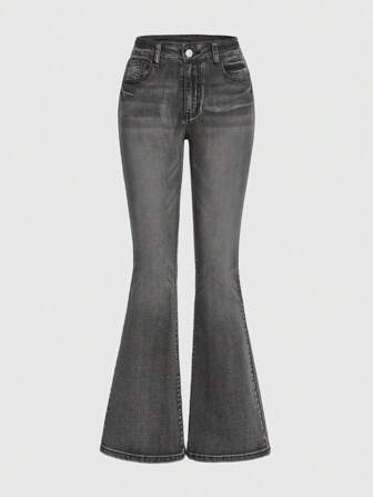 Grunge Punk Jeans acampanados con figura favorecedora, bordado vintage y estilo punk chic, color azul claro