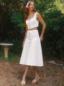 WESTFADE 甜心领仿纽扣前开襟修身98%纯棉牛仔短款背心夏季 - 白色 - 查看 4