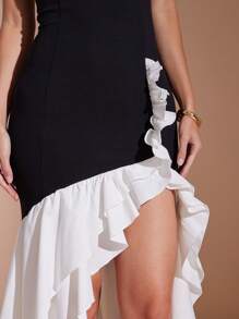 L'Amorae Women's Elegant Wedding Black And White With High Slit And Layered Bottom Long Dress - Black and White - View 5