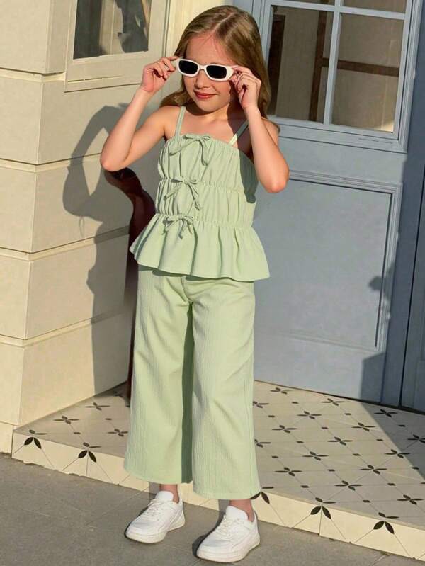Kleine Mädchens Sommer Neue Koreanische Version Süßes Design Schleife Träger Crop Top & Locker Weite Bein Hose Urlaubs 2 Stücke Set