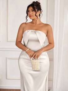 Elenzga Elegante y glamuroso vestido formal de color champán con escote asimétrico, espalda descubierta, lazo, cierre invisible, que estiliza la cintura, con cola de pez y abertura lateral, talla grande