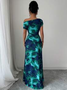 Elenzga Women's Minimalist Print Asymmetrical Shoulder & Waist Ruched Dress