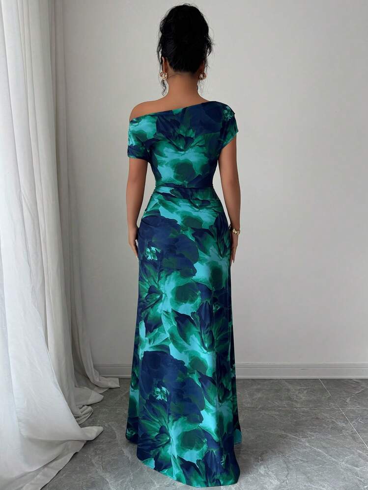 Elenzga Women's Minimalist Print Asymmetrical Shoulder & Waist Ruched Dress - Blue - View 2