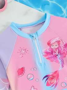 年轻女孩美人鱼渐变色图案印花长袖长裤泳衣，防晒海滩度假