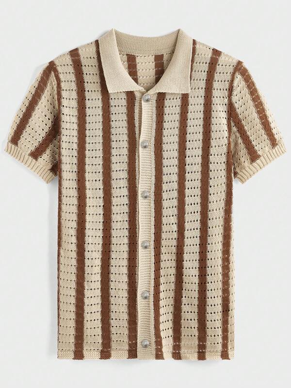 Manfinity CityGents Plus Size Men's Contrast Stripe Round Collar Short Sleeve Single-Breasted Knit Top Crochet Men Shirt Men Knit Shirt Knitted Shirts For Men Crochet Shirt Men