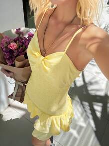 SHEIN EZwear Váy trễ vai hở lưng buộc dây phía trước màu vàng cho nữ - Màu vàng - Xem 2