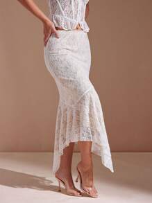 L'Amorae Falda de sirena de cintura elástica con borde de encaje floral, elegante - Blanco - Ver 5