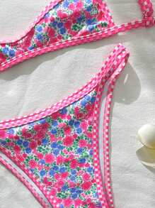 Swim Mod 2pcs/Set Women Random Floral Print Spaghetti Strap Sexy Bikini Set, Summer