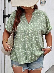 Weeklong Plus Size Women Floral Print Notched Collar Blouse, Summer