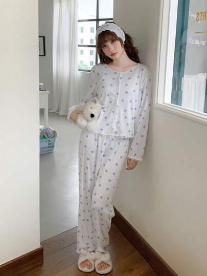 4件套少女优雅可爱甜美日常休闲白色底蓝色爱心印花吊带开衫裤子和发带睡衣套装