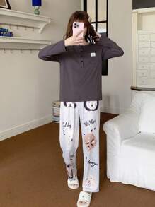 2件套少女可爱优雅灰色长袖运动衫和卡通小狗印花休闲舒适灰色打底裤家居睡衣套装 - 彩色 - 查看 4