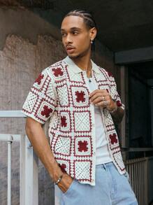 PAVTROS 男士花卉印花短袖单排扣休闲针织上衣 男士钩针衬衫 男士钩针衬衫 钩针男士衬衫 Y2k 夹克 男士返校 - 彩色 - 查看 5