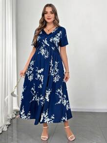 SHEIN Clasi Plus Size Women Navy Floral Print Layered Dress With Pockets, Summer Summer Outfits - Blue and White - View 5