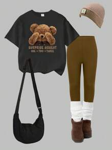 Elladie kids 1 套女孩休闲时尚卡通熊印花短袖 T 恤和紧身裤套装，春夏