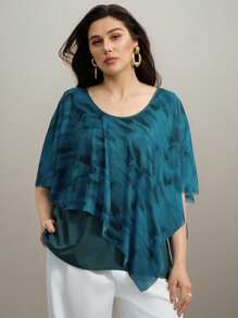 EMERY ROSE 大码女式优雅网眼衬衫飘逸斗篷休闲衬衫 - 綠色 - 查看 4