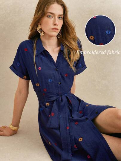 Écloséra Women's Elegant Lapel Short Sleeves Tie Contrast Color Embroidered Flowers Long French Holiday Dress Women's Summer Clothing Women's Summer Dress Female Holiday Wear