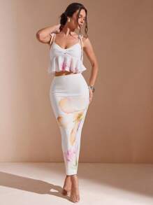 L'Amorae 女士水彩花卉华夫格针织印花两件套服装