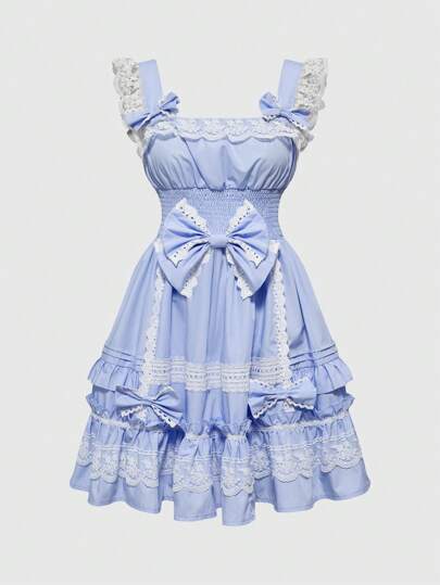 Kawaii Vestido de encaje de varios niveles con parches y lazo decorativo para señoras, de estilo medio a largo