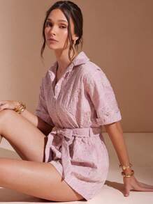 L'Amorae Salopette estiva con colletto, bottoni, cintura e ricamo floreale rosa/bianco, adatta per le vacanze estive, abbigliamento estivo da donna, abbigliamento per brunch e vacanze