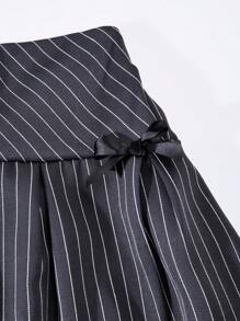 SHEIN Explorewe 3pcs/Set Teenage Girls Outfit, Striped Lapel Sleeveless Crop Top, Elastic Waist Striped Skirt With Bow Decor, Elegant Office Lady Fashion Summer - Grey - View 6