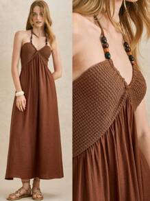 Écloséra Elegant French Retro Halter Neck Wear Rope Beads Knitted Splicing Woven Slim Fit Rust Brown Spring And Summer Ladies Summer Dress