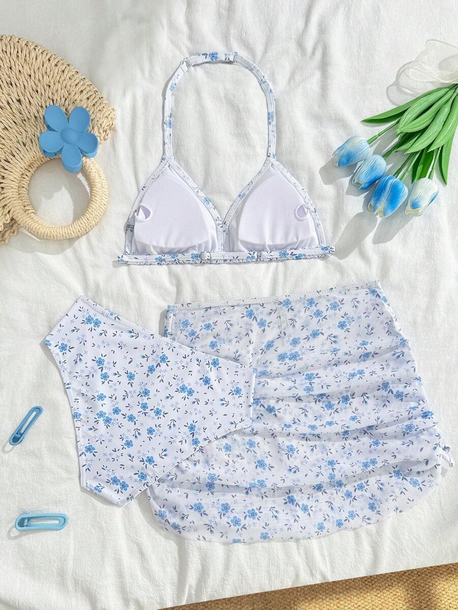 Girls' Lovely Ditsy Floral Frill Design Bikini Set With Beach Drawstring Bow Skirt, Suitable For Vacation, Beach, Swimming - Multicolor - View 1