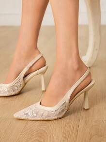 CUCCOO HITCHD 尖头细跟杏色蕾丝和网眼优雅婚礼派对女式高跟露背浅口鞋 - 杏色 - 查看 6