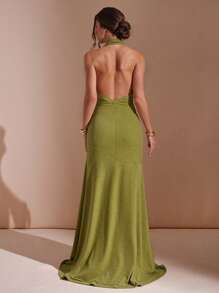 L'Amorae Women Elegant Asymmetrical Maxi Knit Dress With Slit - Green - View 2