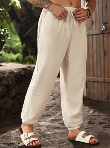 Manfinity Homme Pantaloni casual da uomo taglie forti con vita con cordoncino, tasche, pantaloni da vacanza, pantaloni casual da uomo - Albicocca - Visualizzare 4