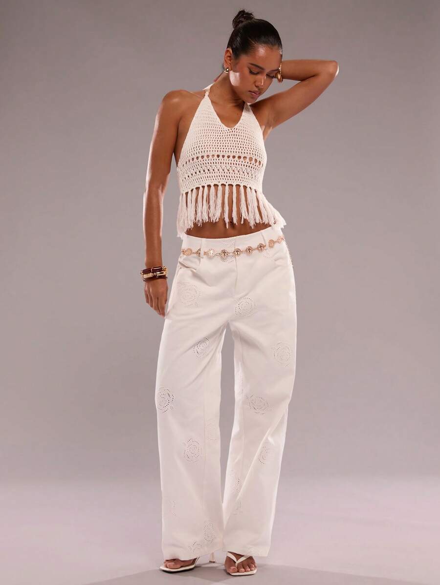 SHEIN BAE 夏季休闲吊坠项链式针织上衣 - 白色 - 查看 1