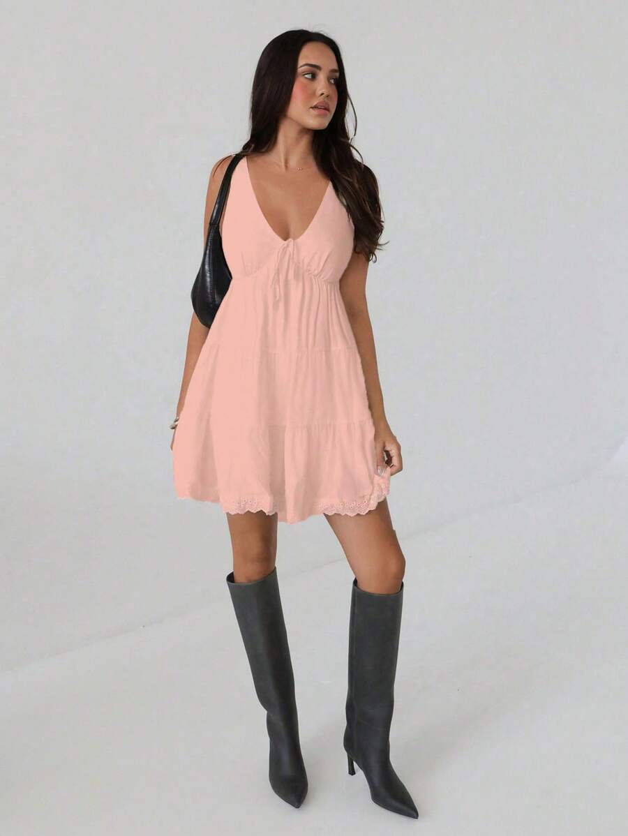 Roylia Váy Peplum xếp lớp không tay thắt nơ cho nữ - Hồng - Xem 1