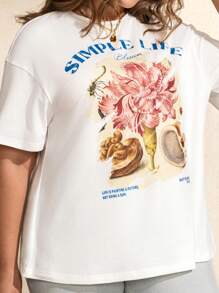 SHEIN Touch of Art Damen Große Größen T-Shirt mit Buchstaben- und Blume Muster, Rundhalsausschnitt, Kurzarm