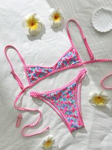 Swim Mod 2pcs/Set Women Random Floral Print Spaghetti Strap Sexy Bikini Set, Summer