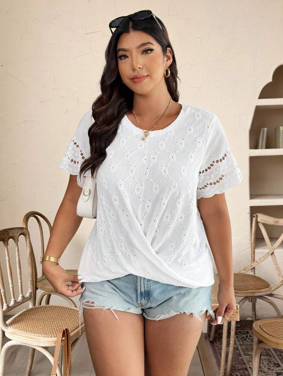 EMERY ROSE Plus Size Women Knit Elastic Hollow Out Round Neck Embroidered Lace Splicing Sleeve Casual Tee For Everyday Wear - White - View 1