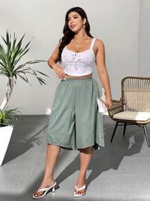 SHEIN LUNE Plus Size Casual Pants With Front Short Back Long 3/4 Length