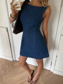 SHEIN EZwear 女式休闲无袖露背牛仔连衣裙，夏季